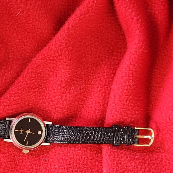 SKC Black Gold Tone Genuine Leather Embossed Strap Diamond Quartz SS Back Watch - Picture 7 of 16